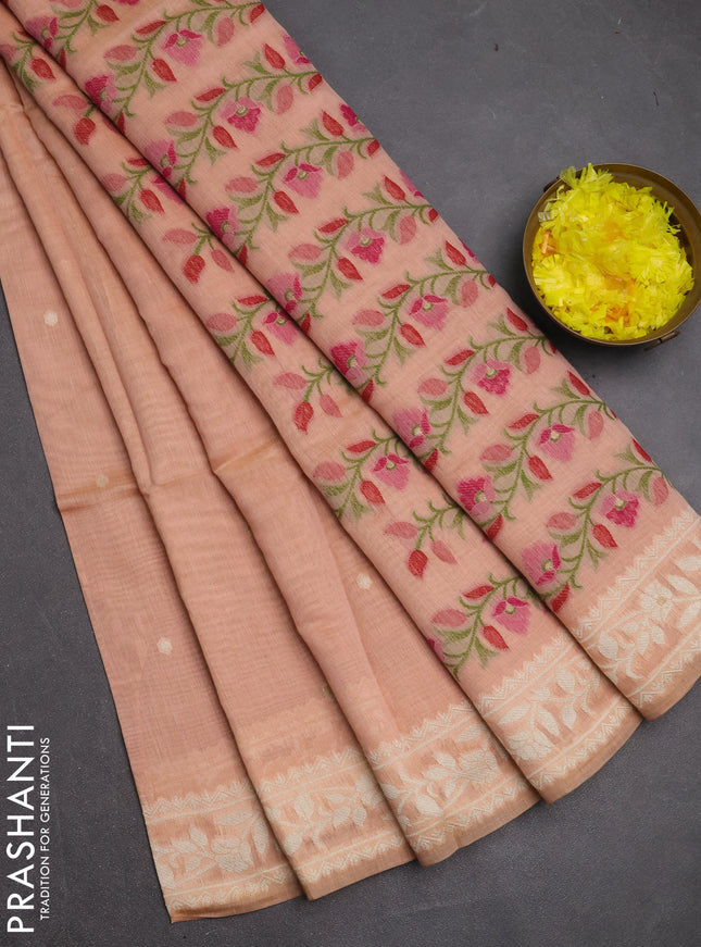 Jamdhani cotton saree peach shade and red with allover thread & zari woven buttas and jamdhani pallu