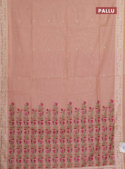 Jamdhani cotton saree peach shade and red with allover thread & zari woven buttas and jamdhani pallu