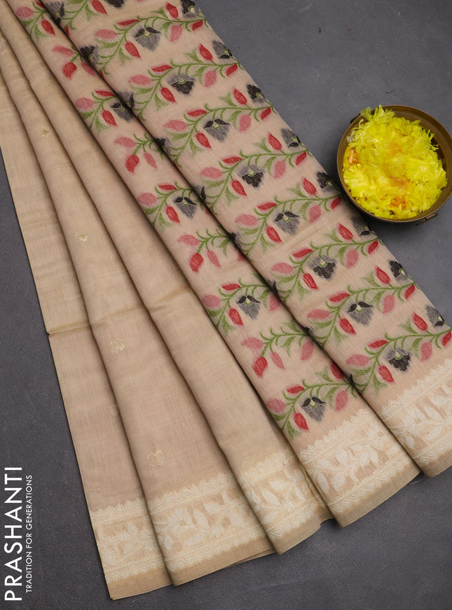 Jamdhani cotton saree beige and maroon with allover thread & zari woven buttas and jamdhani pallu