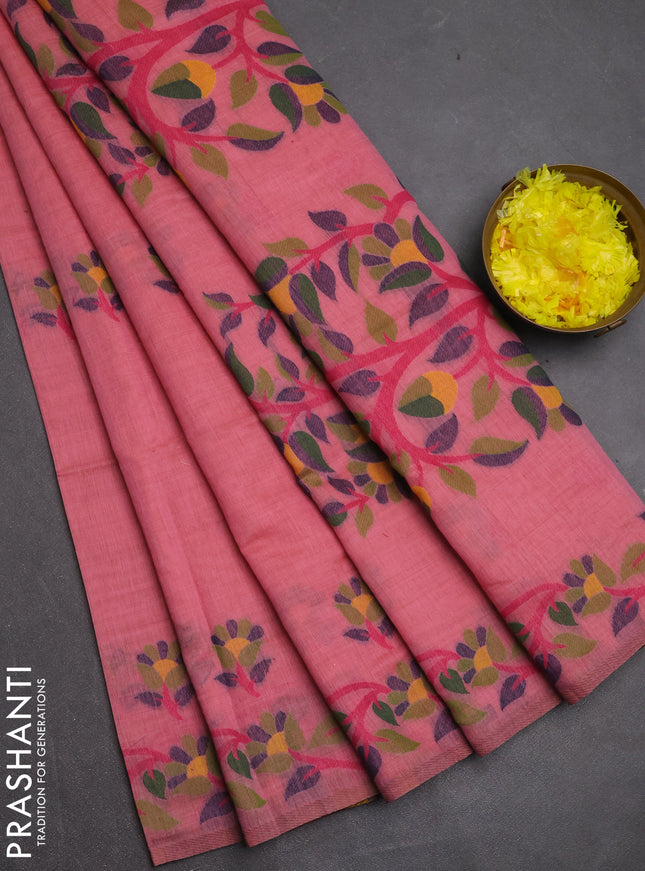 Jamdhani cotton saree peach pink with allover thread woven buttas and jamdhani pallu