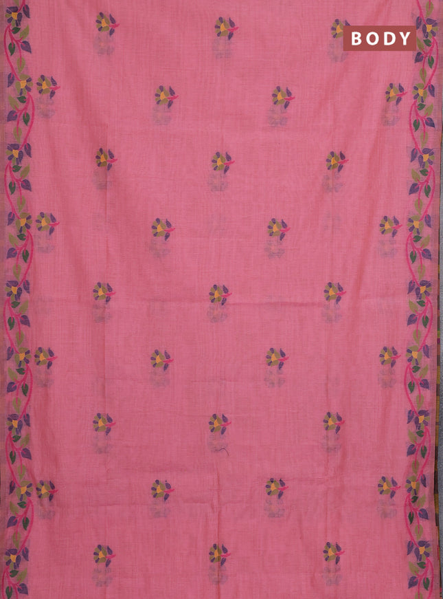 Jamdhani cotton saree peach pink with allover thread woven buttas and jamdhani pallu