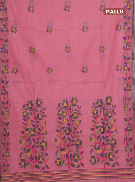 Jamdhani cotton saree peach pink with allover thread woven buttas and jamdhani pallu