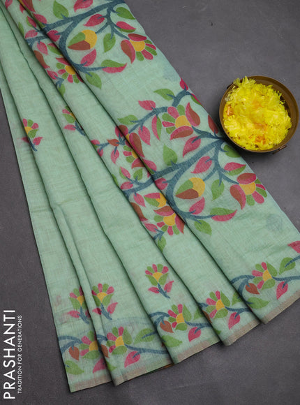 Jamdhani cotton saree teal green with allover thread woven buttas and jamdhani pallu