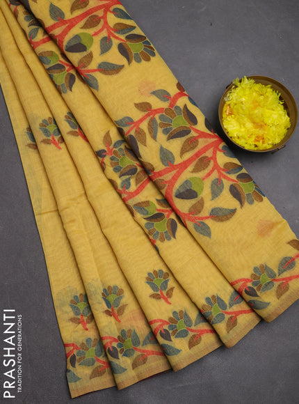 Jamdhani cotton saree mustard yellow with allover thread woven buttas and jamdhani pallu