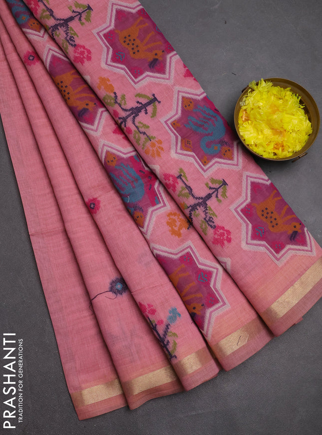 Jamdhani cotton saree peach pink with allover thread woven buttas and jamdhani pallu