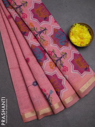 Jamdhani cotton saree peach pink with allover thread woven buttas and jamdhani pallu