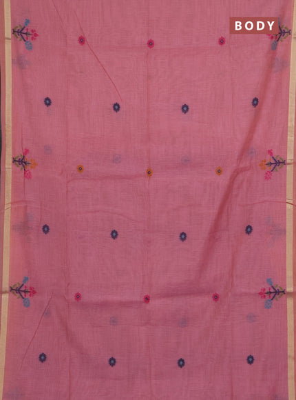 Jamdhani cotton saree peach pink with allover thread woven buttas and jamdhani pallu