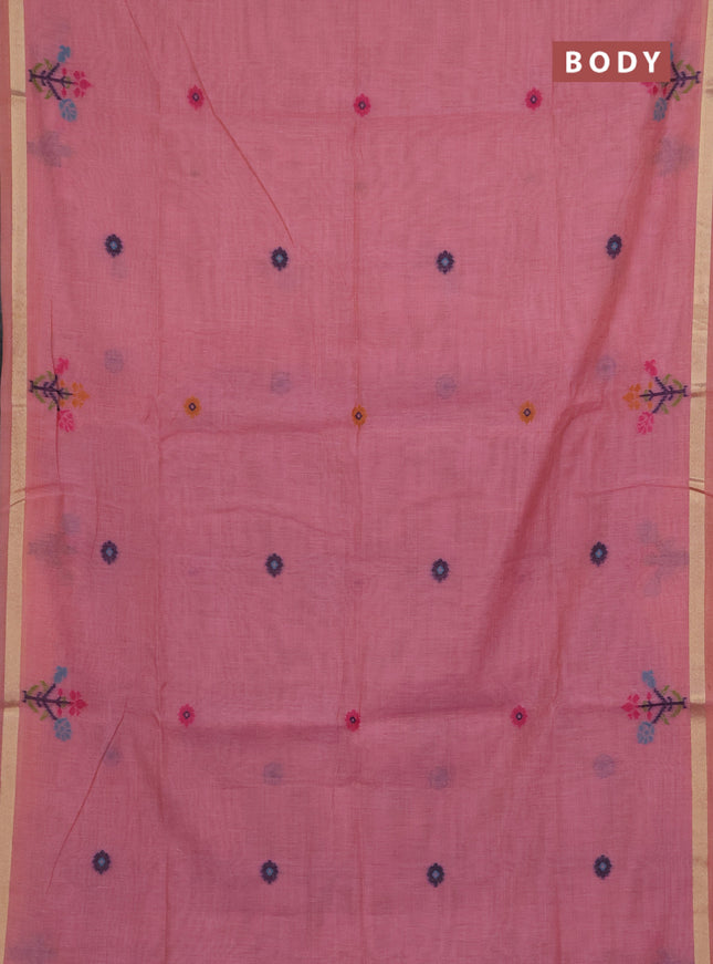 Jamdhani cotton saree peach pink with allover thread woven buttas and jamdhani pallu