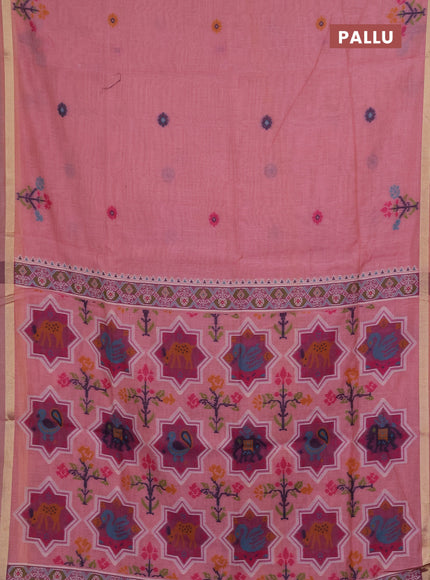 Jamdhani cotton saree peach pink with allover thread woven buttas and jamdhani pallu