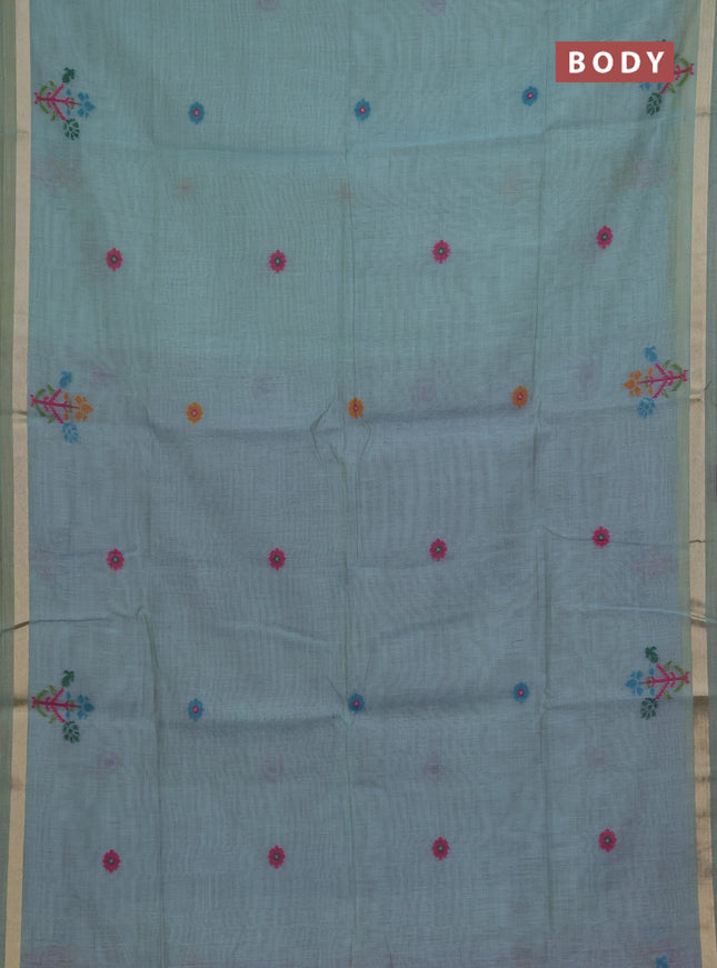 Jamdhani cotton saree teal shade with allover thread woven buttas and jamdhani pallu