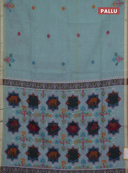 Jamdhani cotton saree teal shade with allover thread woven buttas and jamdhani pallu