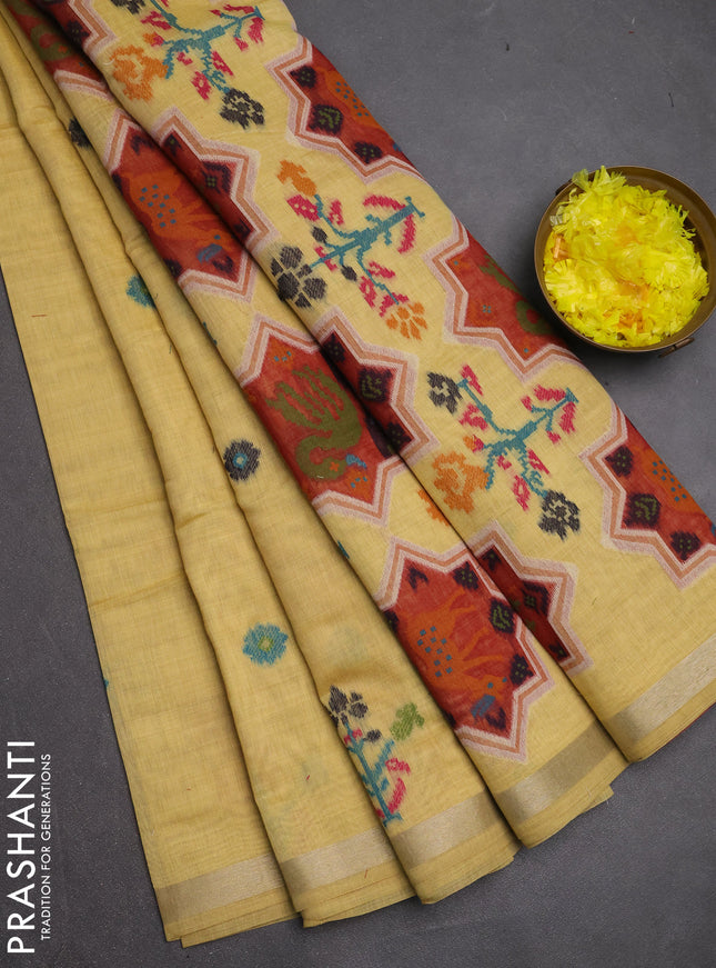 Jamdhani cotton saree pale yellow with allover thread woven buttas and jamdhani pallu