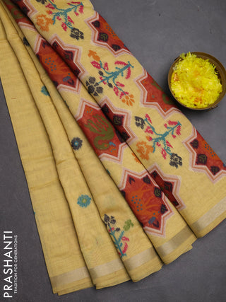 Jamdhani cotton saree pale yellow with allover thread woven buttas and jamdhani pallu