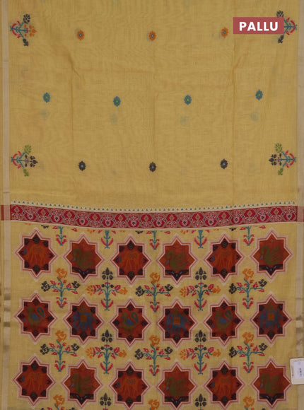 Jamdhani cotton saree pale yellow with allover thread woven buttas and jamdhani pallu