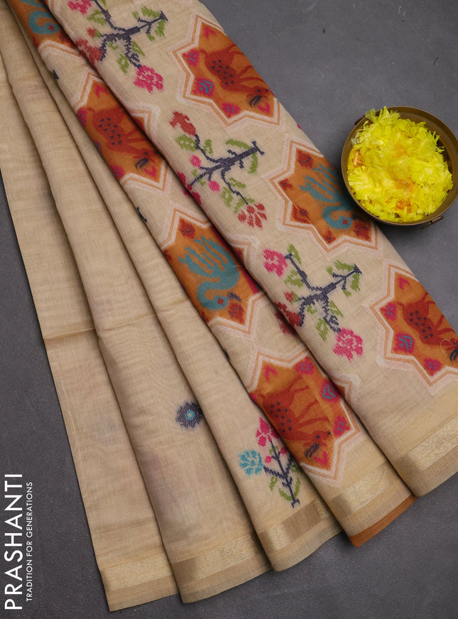 Jamdhani cotton saree beige and mustard yellow with allover thread woven buttas and jamdhani pallu