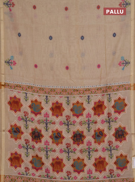 Jamdhani cotton saree beige and mustard yellow with allover thread woven buttas and jamdhani pallu