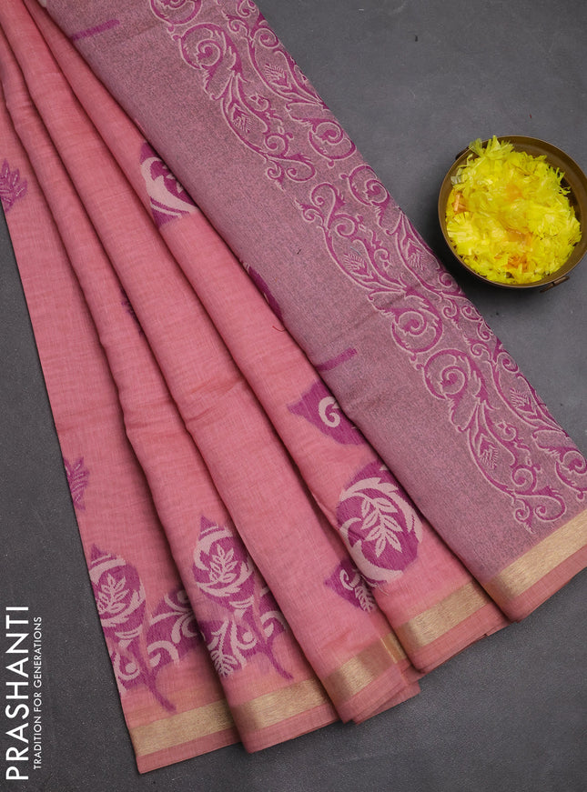 Jamdhani cotton saree peach pink with allover thread woven buttas and jamdhani pallu