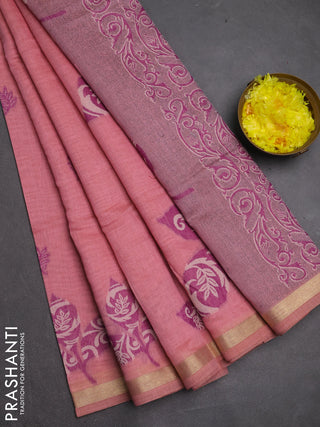 Jamdhani cotton saree peach pink with allover thread woven buttas and jamdhani pallu