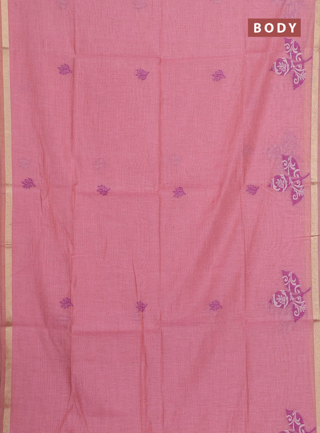 Jamdhani cotton saree peach pink with allover thread woven buttas and jamdhani pallu