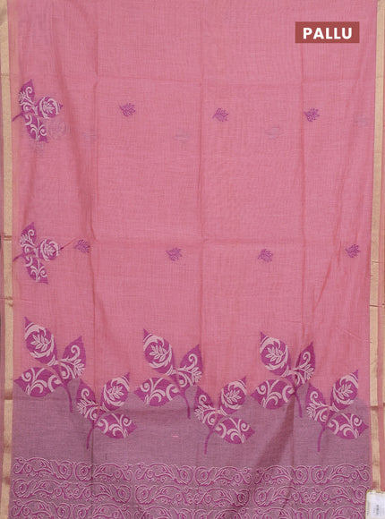 Jamdhani cotton saree peach pink with allover thread woven buttas and jamdhani pallu