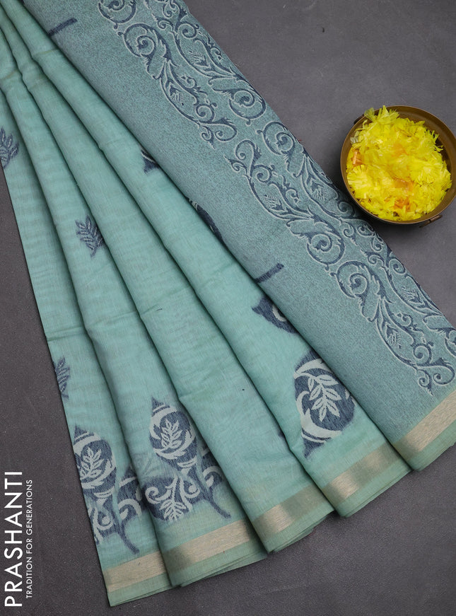 Jamdhani cotton saree teal shade with allover thread woven buttas and jamdhani pallu