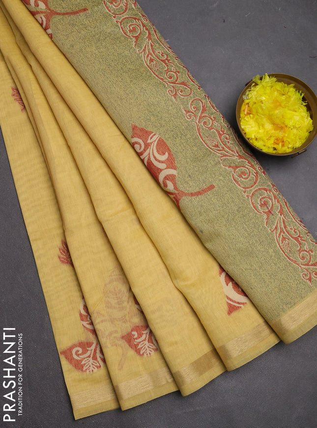 Jamdhani cotton saree pale yellow with allover thread woven buttas and jamdhani pallu