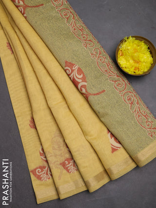 Jamdhani cotton saree pale yellow with allover thread woven buttas and jamdhani pallu