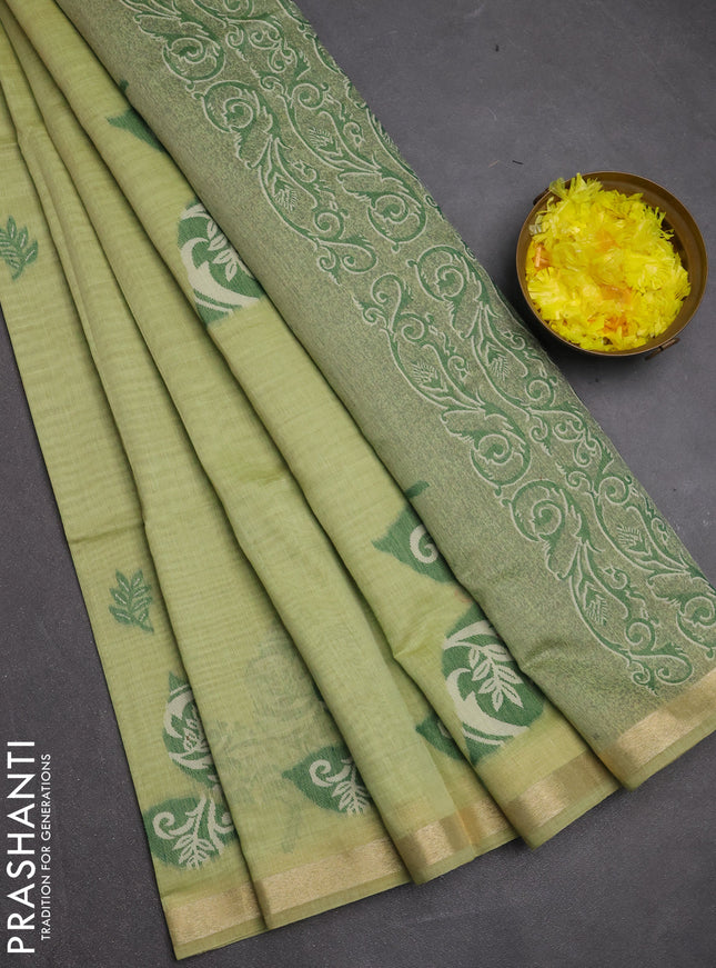 Jamdhani cotton saree pista green with allover thread woven buttas and jamdhani pallu
