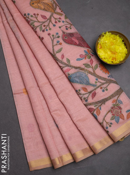 Jamdhani cotton saree peach shade with allover thread woven buttas and jamdhani pallu