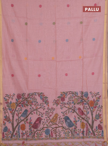 Jamdhani cotton saree peach shade with allover thread woven buttas and jamdhani pallu