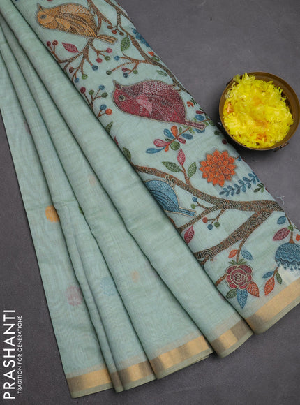 Jamdhani cotton saree teal green with allover thread woven buttas and jamdhani pallu