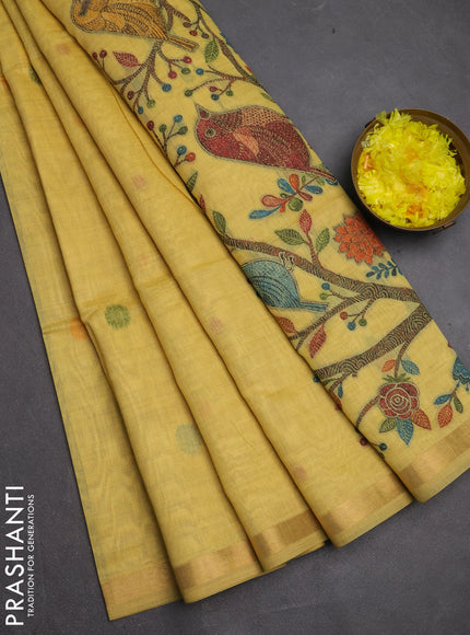 Jamdhani cotton saree pale yellow with allover thread woven buttas and jamdhani pallu