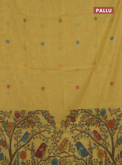 Jamdhani cotton saree pale yellow with allover thread woven buttas and jamdhani pallu
