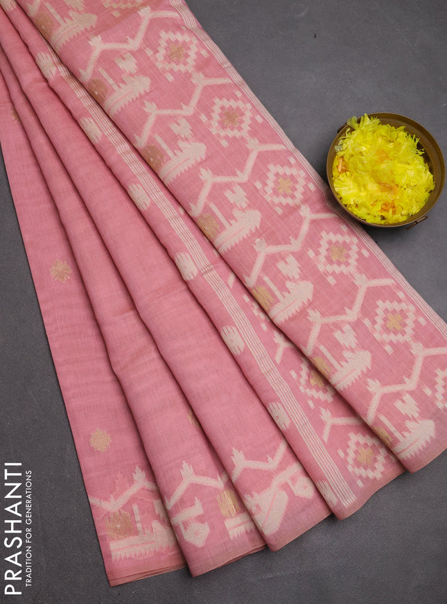 Jamdhani cotton saree peach pink with allover thread & zari woven buttas and jamdhani pallu