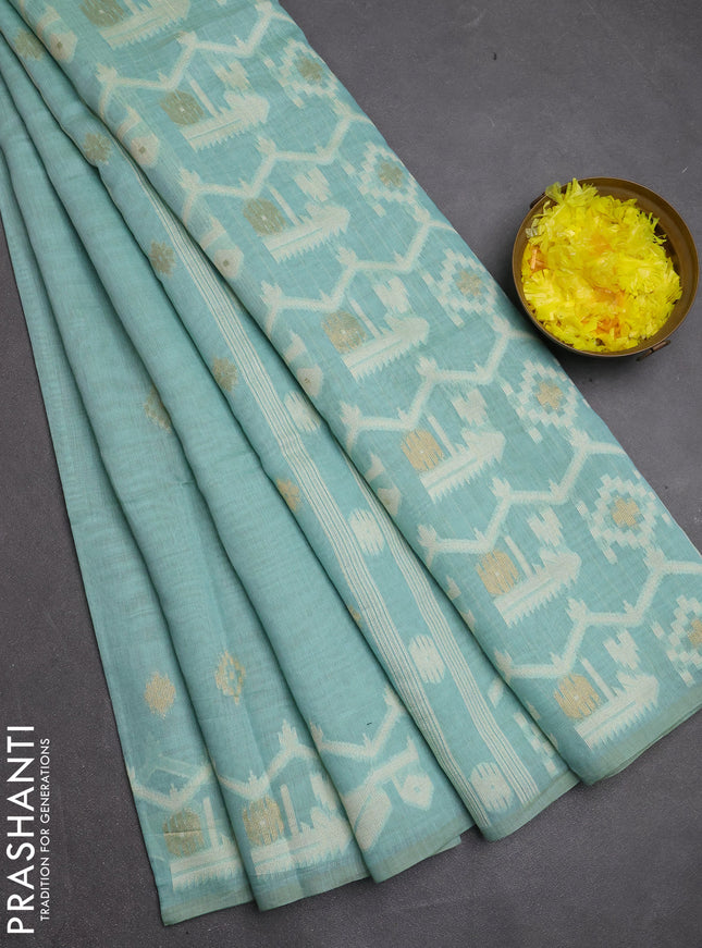 Jamdhani cotton saree teal blue with allover thread & zari woven buttas and jamdhani pallu