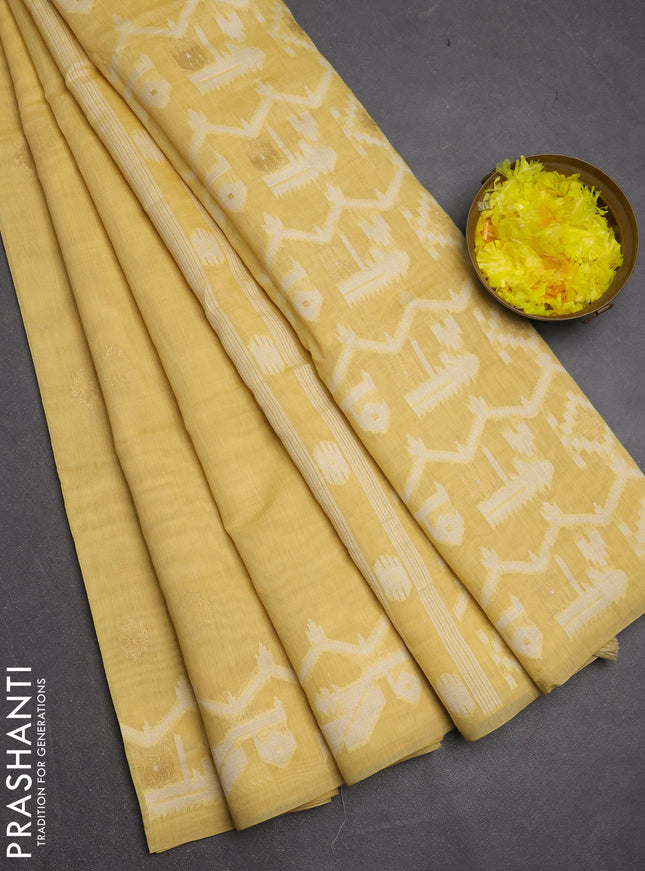 Jamdhani cotton saree pale yellow with allover thread & zari woven buttas and jamdhani pallu