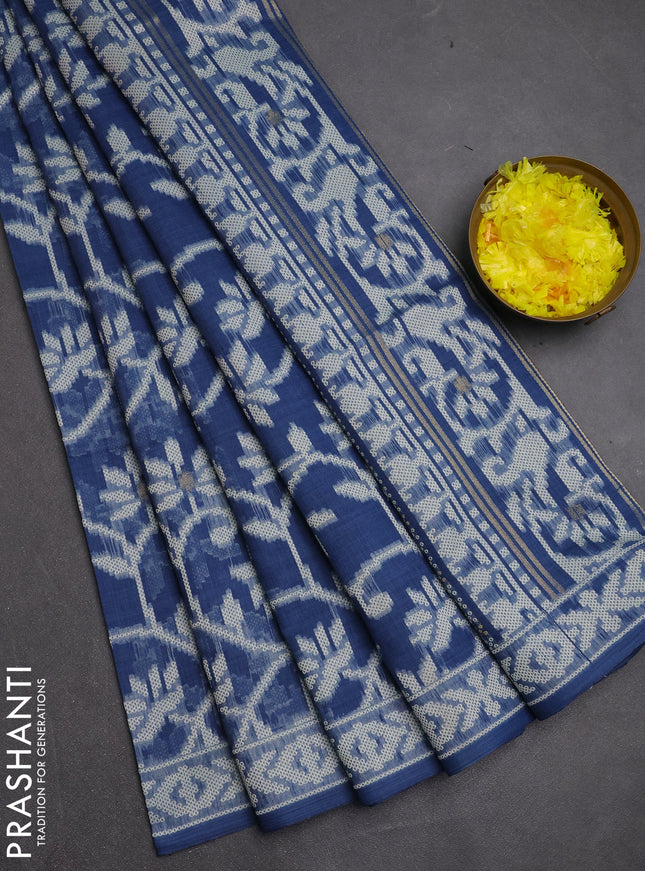 Jamdhani cotton saree blue with allover thread weaves and jamdhani pallu