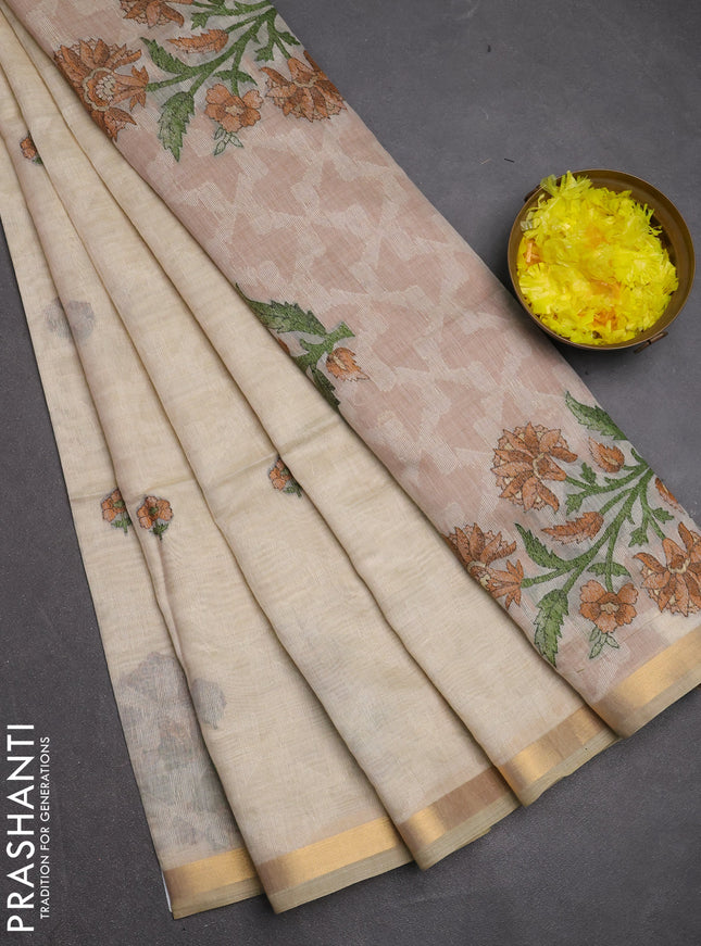 Jamdhani cotton saree cream and mustard yellow with allover self emboss thread woven buttas and jamdhani pallu
