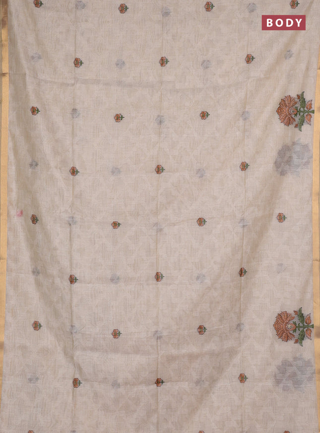 Jamdhani cotton saree cream and mustard yellow with allover self emboss thread woven buttas and jamdhani pallu