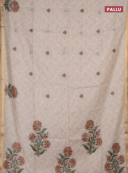 Jamdhani cotton saree cream and mustard yellow with allover self emboss thread woven buttas and jamdhani pallu