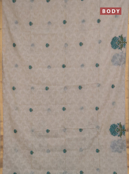 Jamdhani cotton saree cream and teal green with allover self emboss thread woven buttas and jamdhani pallu
