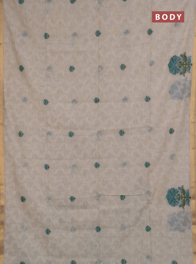 Jamdhani cotton saree cream and teal green with allover self emboss thread woven buttas and jamdhani pallu