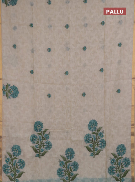 Jamdhani cotton saree cream and teal green with allover self emboss thread woven buttas and jamdhani pallu