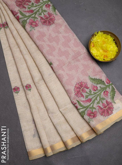 Jamdhani cotton saree cream and pink with allover self emboss thread woven buttas and jamdhani pallu