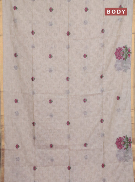 Jamdhani cotton saree cream and pink with allover self emboss thread woven buttas and jamdhani pallu