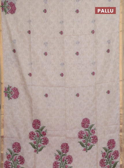 Jamdhani cotton saree cream and pink with allover self emboss thread woven buttas and jamdhani pallu