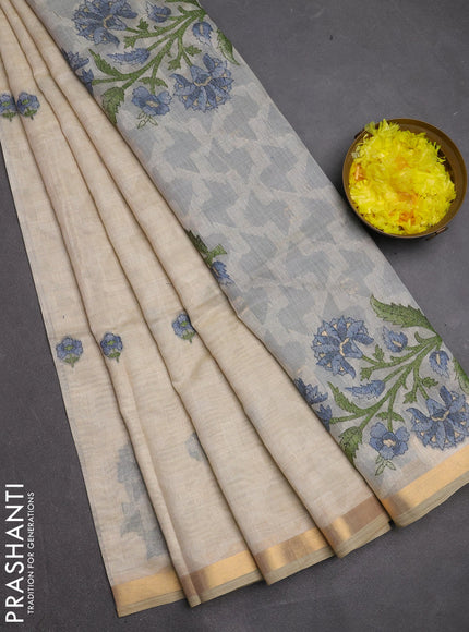 Jamdhani cotton saree cream and blue with allover self emboss thread woven buttas and jamdhani pallu