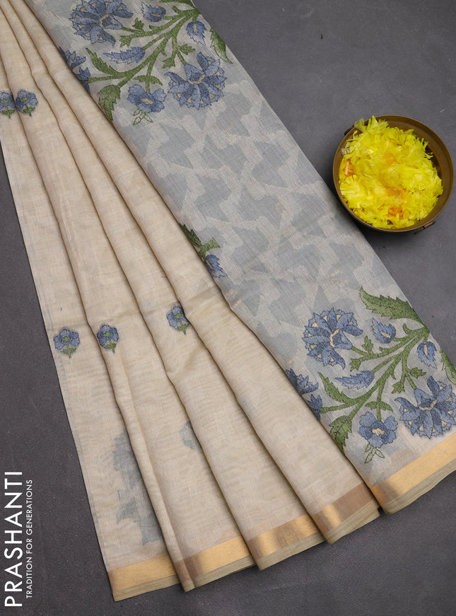 Jamdhani cotton saree cream and blue with allover self emboss thread woven buttas and jamdhani pallu