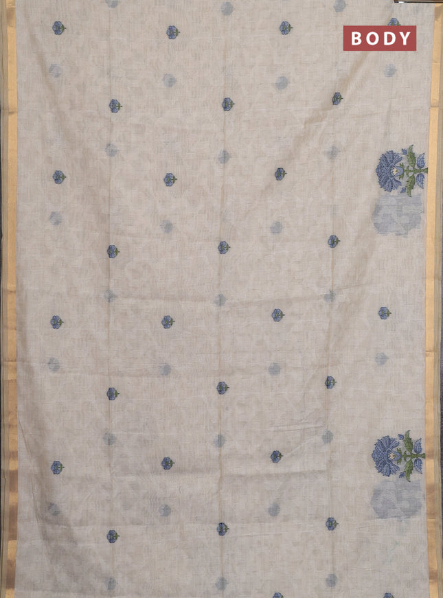 Jamdhani cotton saree cream and blue with allover self emboss thread woven buttas and jamdhani pallu