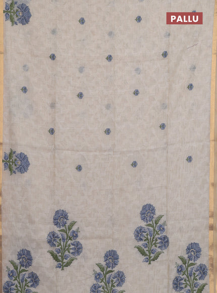 Jamdhani cotton saree cream and blue with allover self emboss thread woven buttas and jamdhani pallu